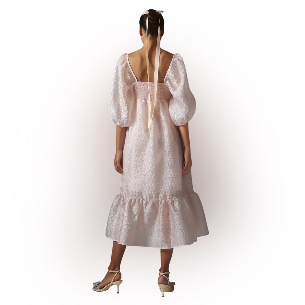 Anthropologie Textured Puff Sleeve Midi Dress Romantic Blush Pink Size L - Picture 10 of 12